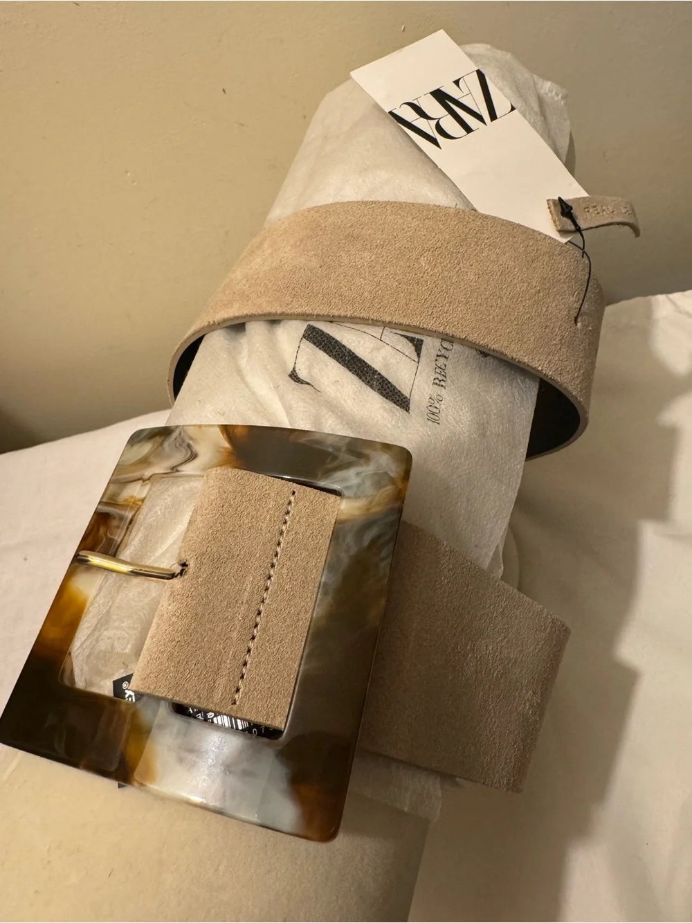 NWT Zara Genuine Suede Belt with Marbled Square Buckle & Dust Bag Size 80 / 30
